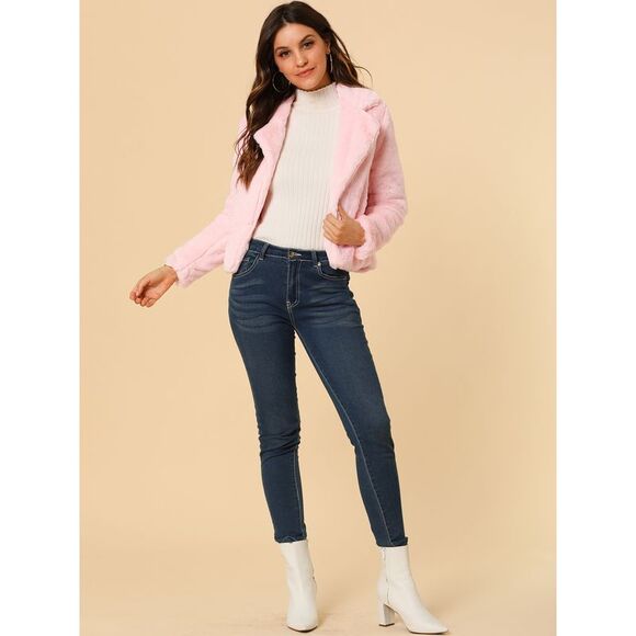 Cropped Jacket Notch Lapel Faux Fur Fluffy Coat Pink - Picture 3 of 6